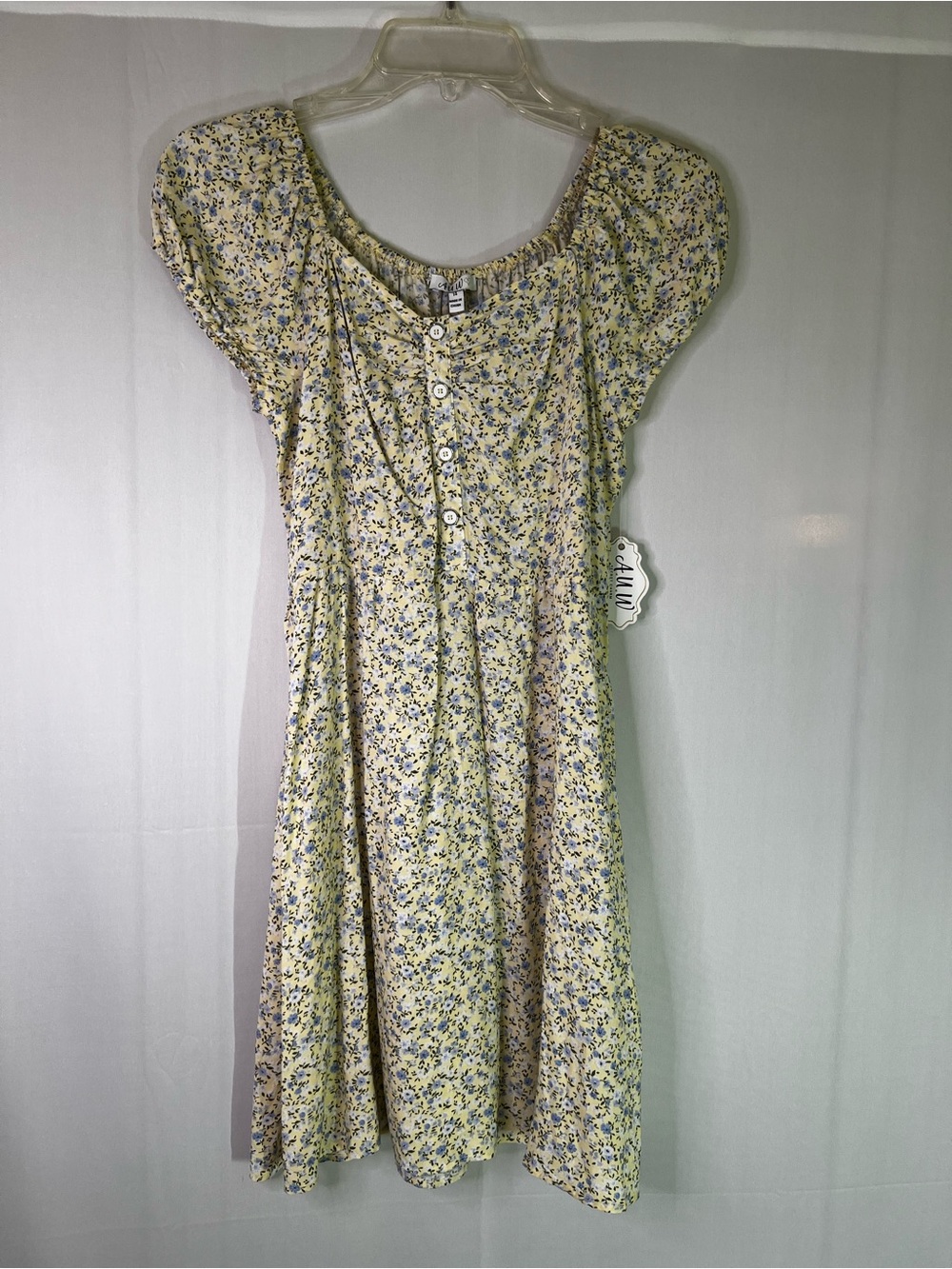 AUW Yellow Mini Dress with Blue Floral Print